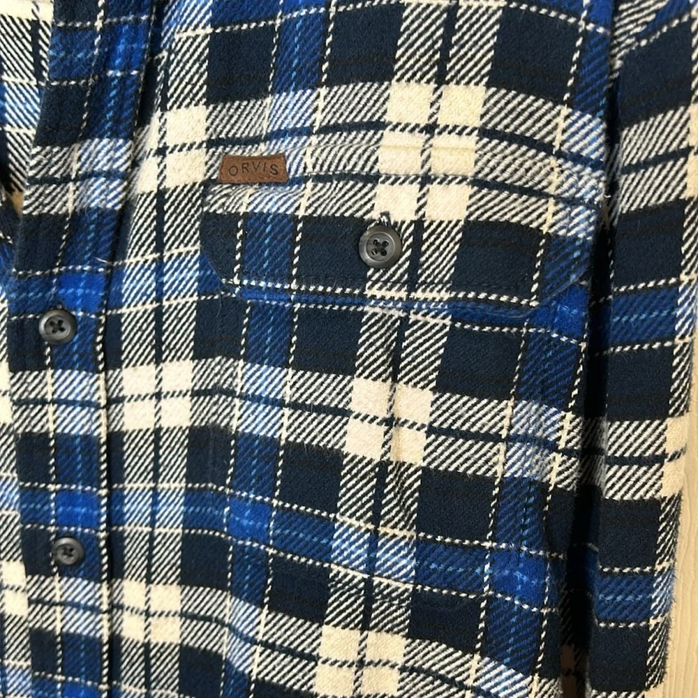 Orvis Men's Plaid Flannel Button Down Shacket Size XXL Black Blue Casual‎ Cozy